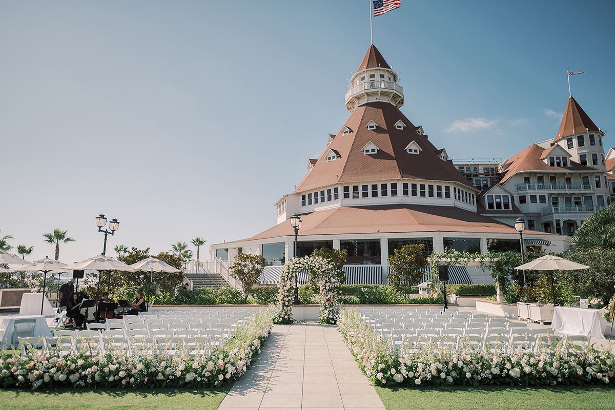 Oceanfront Hotel del Coronado ceremony lawn with a floral-lined aisle and white guest chairs.